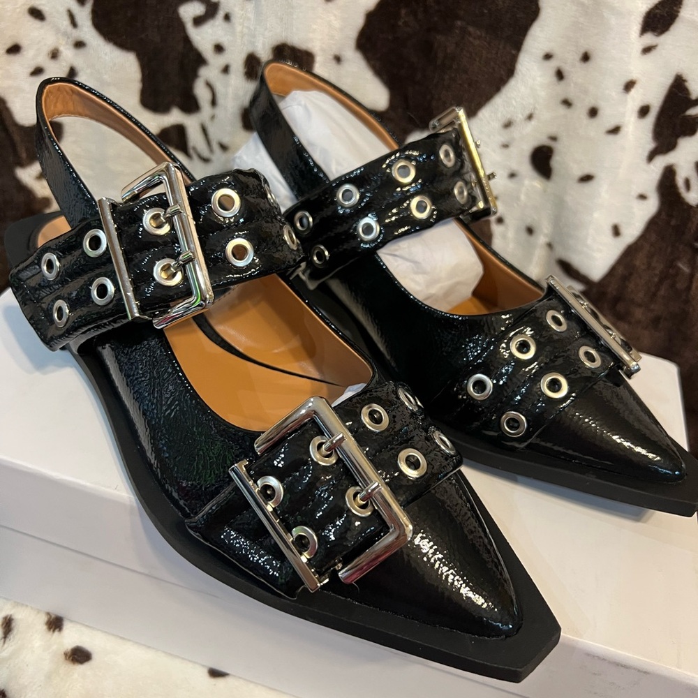 Black Patent Leather look Flats with Silver Buckles